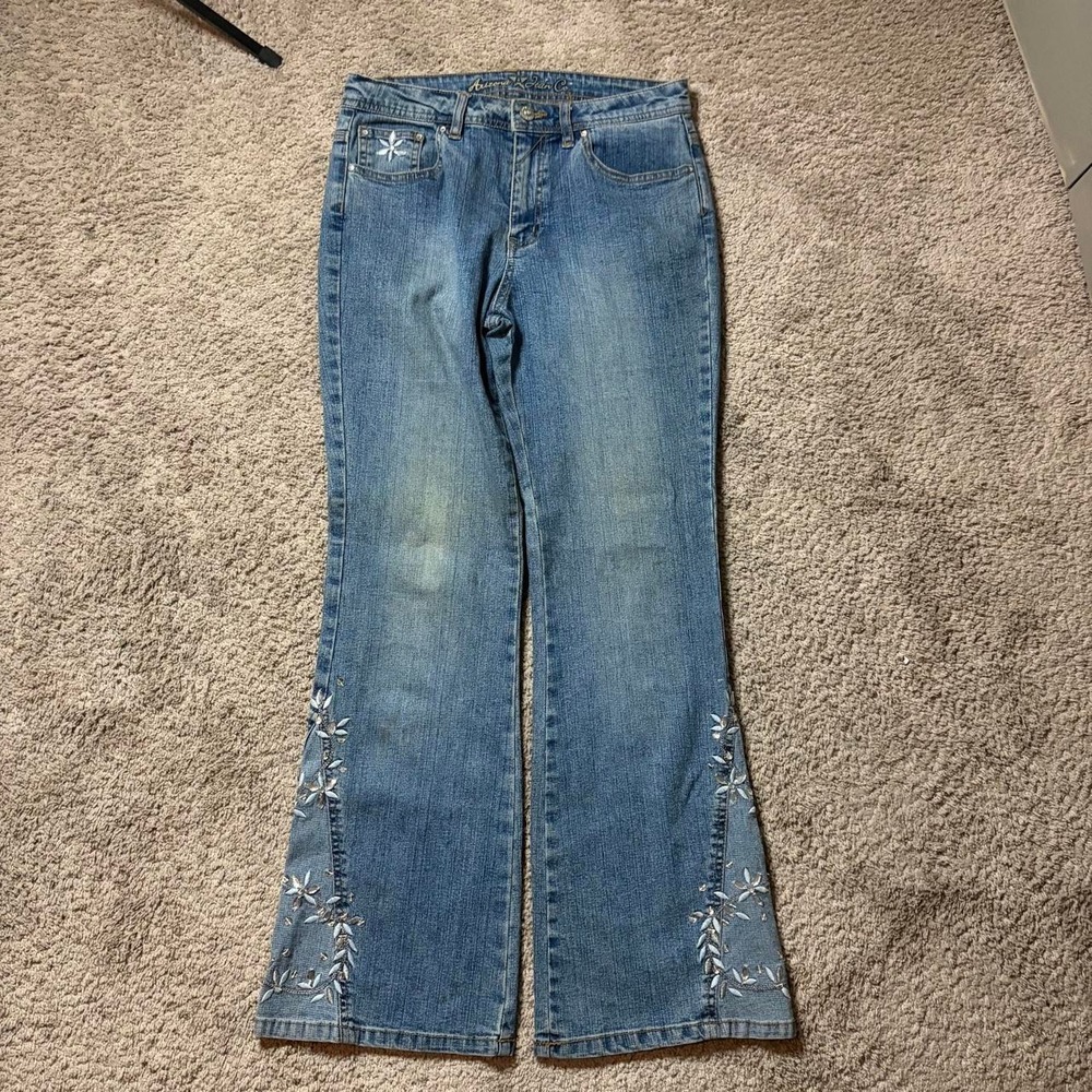 Arizona Jean Co Y2K Low Rise Flare Jeans Blue Floral Embroidered Rhinestone 28